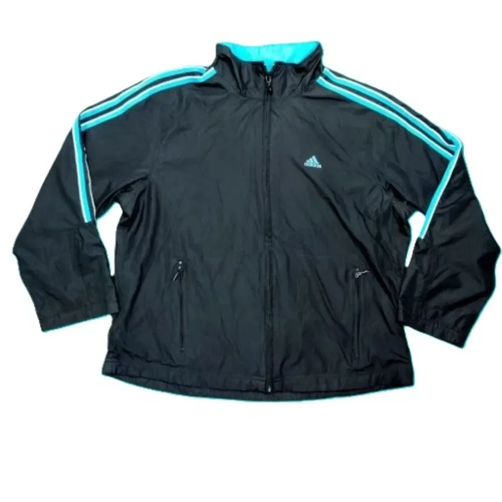 Vintage 2002 Adidas Track Jacket Black Turquoise Stripes Full Zip L Y2K Men’s